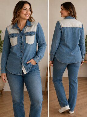 Kroix Denim Pearl Snap Western Shirt Two Tone Distressed Women M